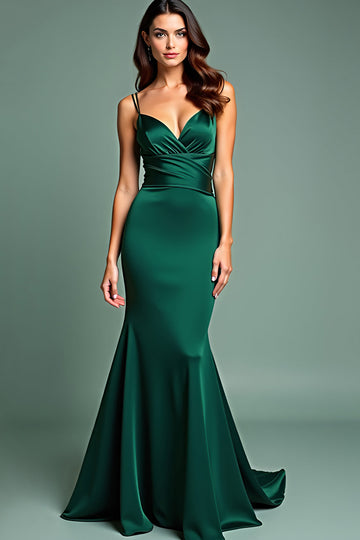 Robe longue de bal en satin satiné à bretelles spaghetti vert foncé